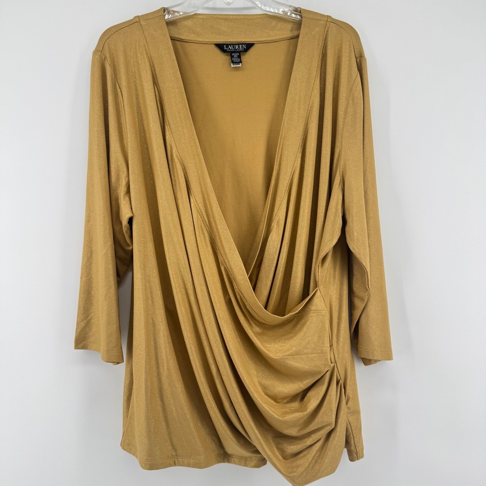 Lauren Ralph Lauren Blouse Womens 3X Gold Metallic Draped Surplice V-Neck Top